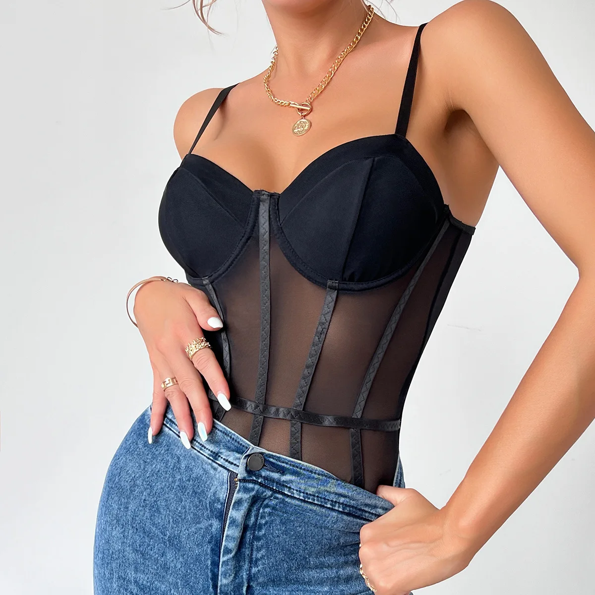 

Новый прозрачный сетчатый комбинезон-боди с однотонным дизайном, в стиле «хотти», с эффектом корсета, утягивающий фигуру, с лямкой через шею, трусики-стринги