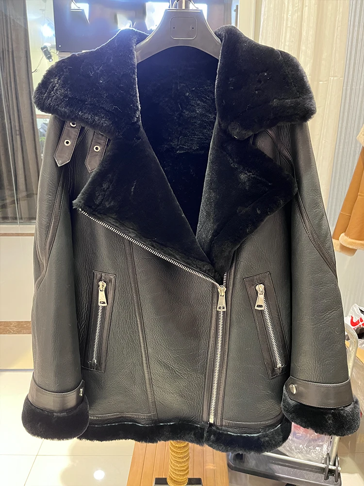 

2023 Winter Women Locomotive Suit Real Natural Merino Sheep Fur Coat Genuine Leather Jacket Thick Warm Luxury Female Coats