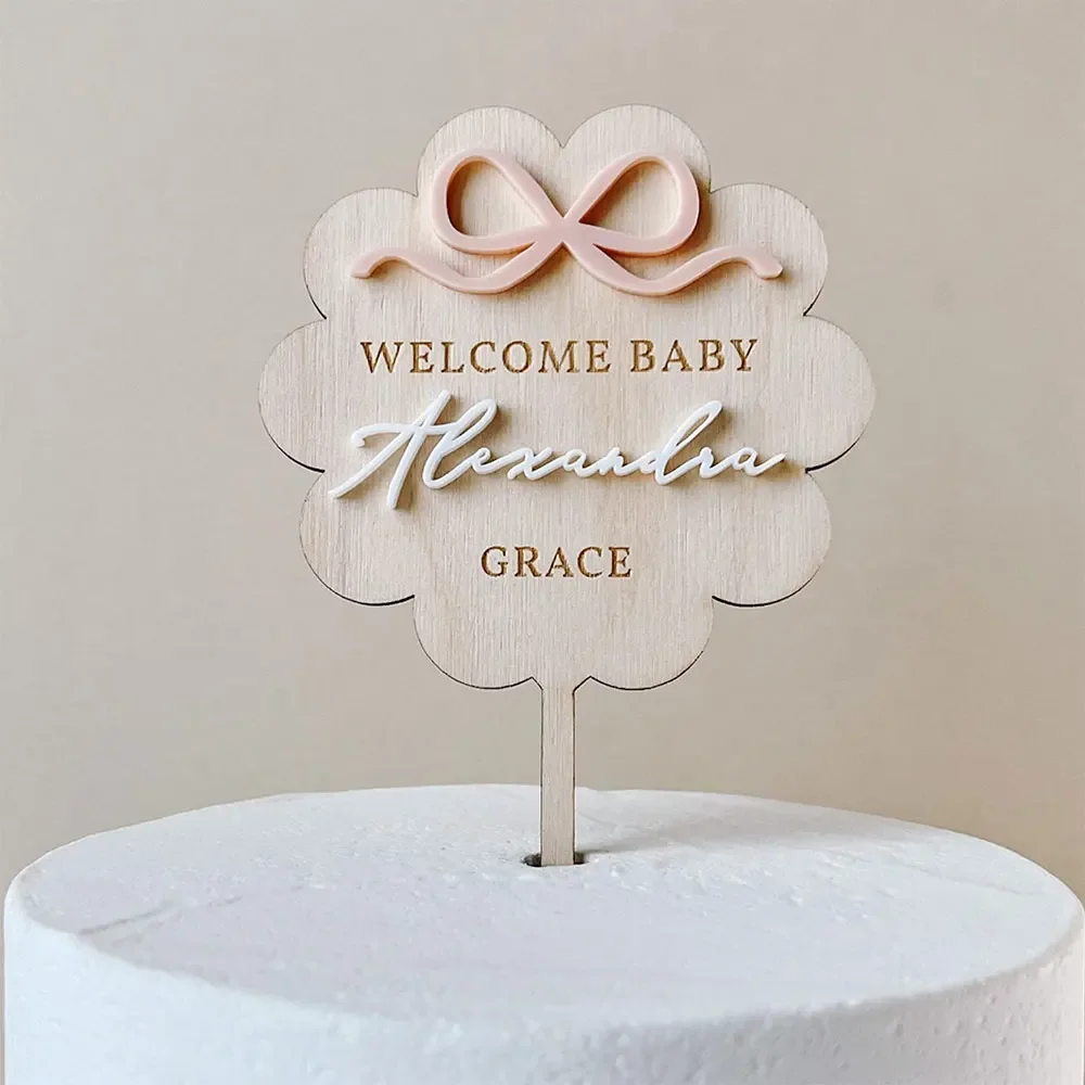 Personalized Name Bow Baby Shower Cute Baby Shower Cake Decoration Bow Theme Party Shower Baby Name Plaque Suitable for Girls