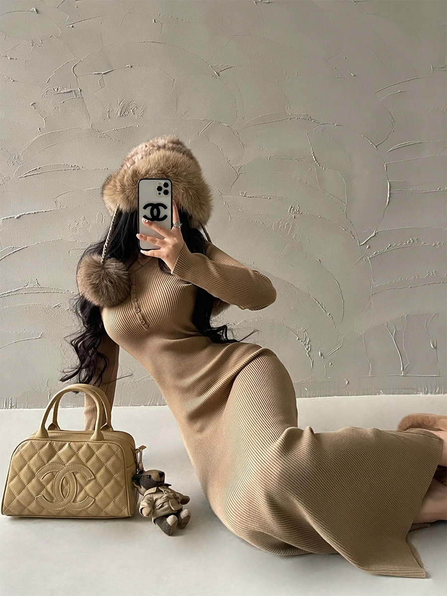 

Young Girl Day Sexy Slim Fit round Ne Long Sve Knitted Wrap Bodycon Dr Long A-Line Skirt Pure Desire Sle Women's Dr