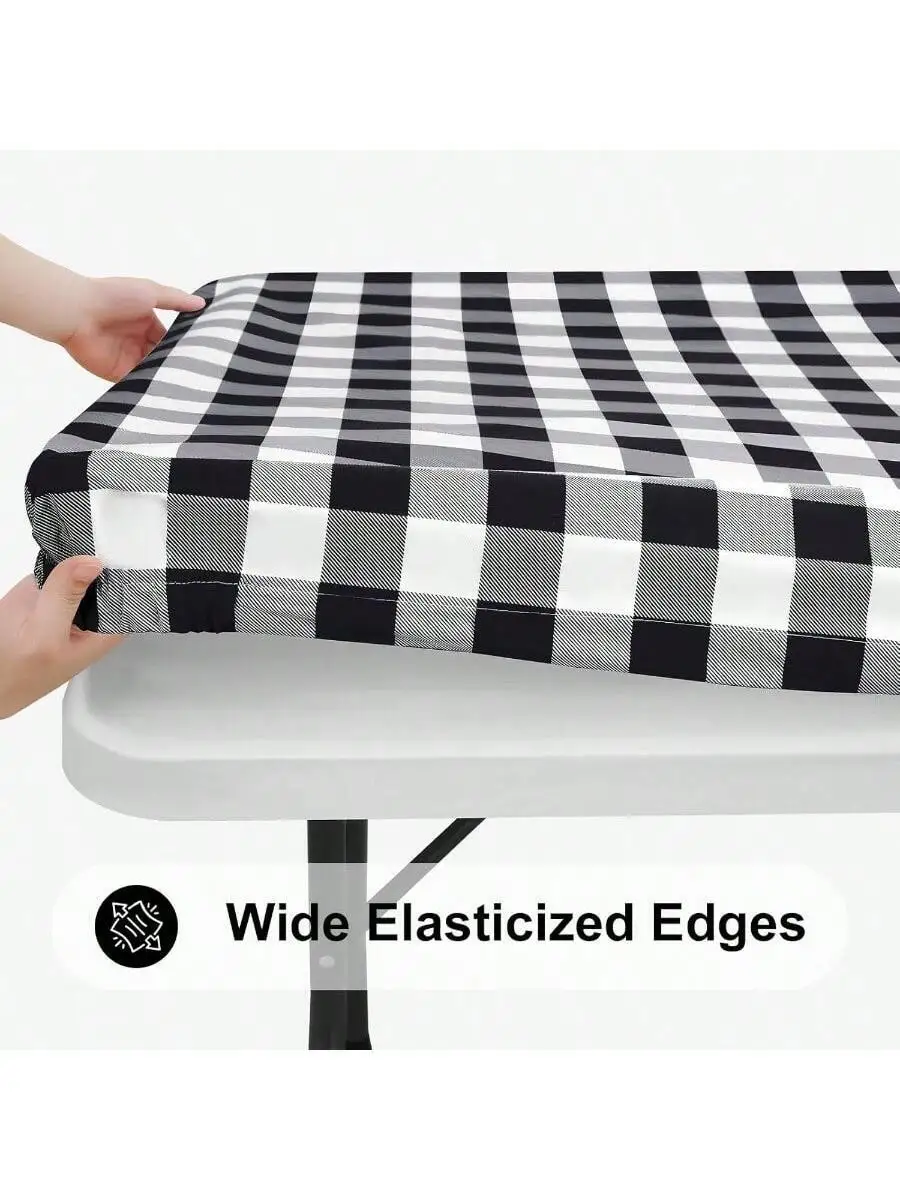Rectangular Waterproof Vinyl Tablecloth With Flannel Back Buffalo Plaid Black White For Dining Camping Outdoor