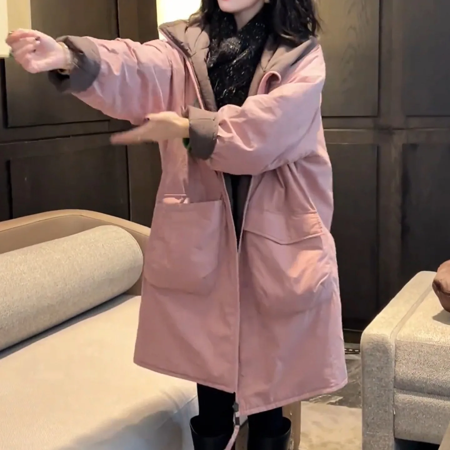 

High-End Reversible Hooded Jacket For Women Winter Parka Casual Loose Mid-Length Cotton Padded Coat