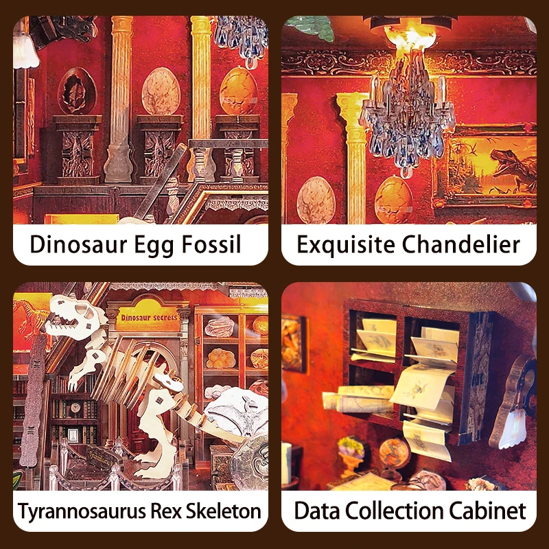 Coin de livre à monter soi-même, Kits de modèles miniatures en bois, musée des dinosaures, serre-livres Casa, Puzzle 3D avec bibliothèque légère, cadeaux d'anniversaire pour amis