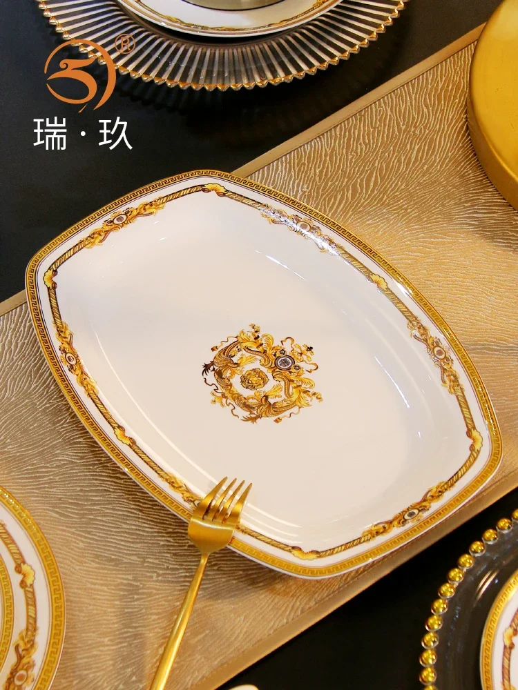 Steamed Fish Plate Fish Dish Pieces European Golden Rim Bone China Tableware Large Fish Dish Ceramic Put Fish Rectangular Plate