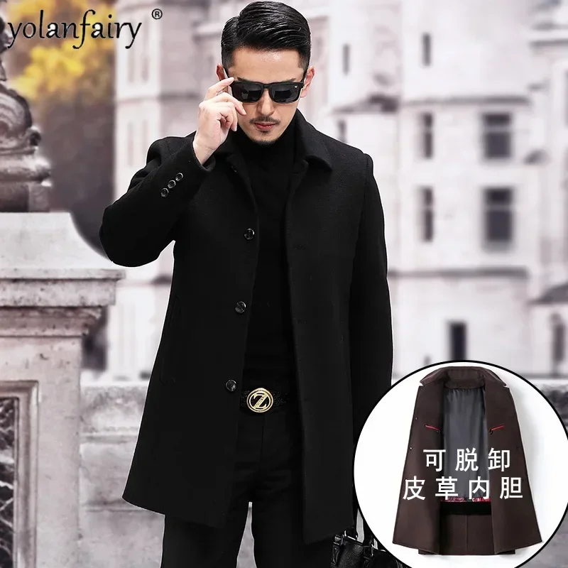 Double-sided Wool Coat Men's Thick Rabbit Fur Detachable Inner Woolen Fall Winter Jackets Men Clothing Male Midi Long Coats FCY