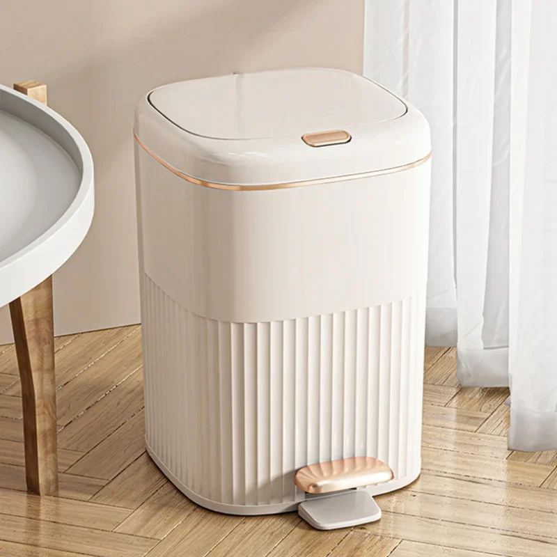 

High-End Trash Bin for Living Room, Kitchen, Bathroom, Luxurious Covered Waste Can, Dual-Lid, Gold-Plated Ring, One-Touch Open