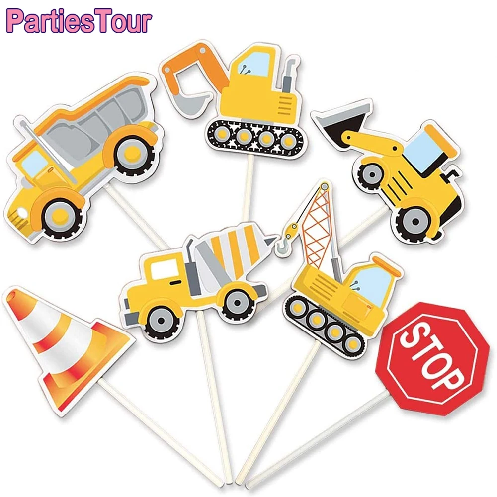 7pcs Construction Cupcake Topper Pick Dump Truck Excavator Tractor Party Cake Toppers for Kids Birthday Baby Shower Party Decor