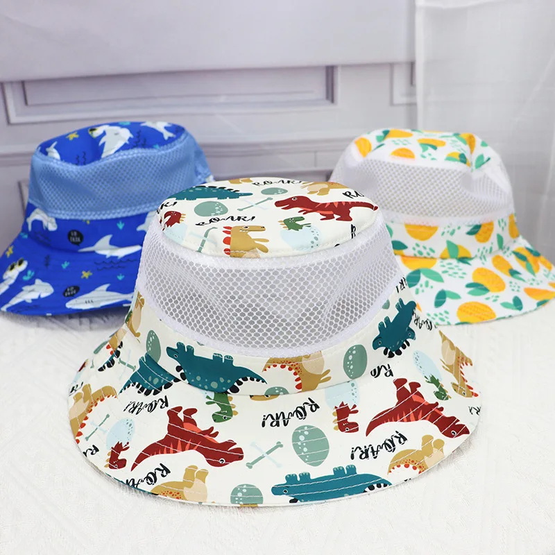 New Children's Summer Sun Hat Baby Mesh Cartoon Cute Dinosaur Dolphins Fisherman's Hat Boys Girls Outdoor Travel Basin Cap