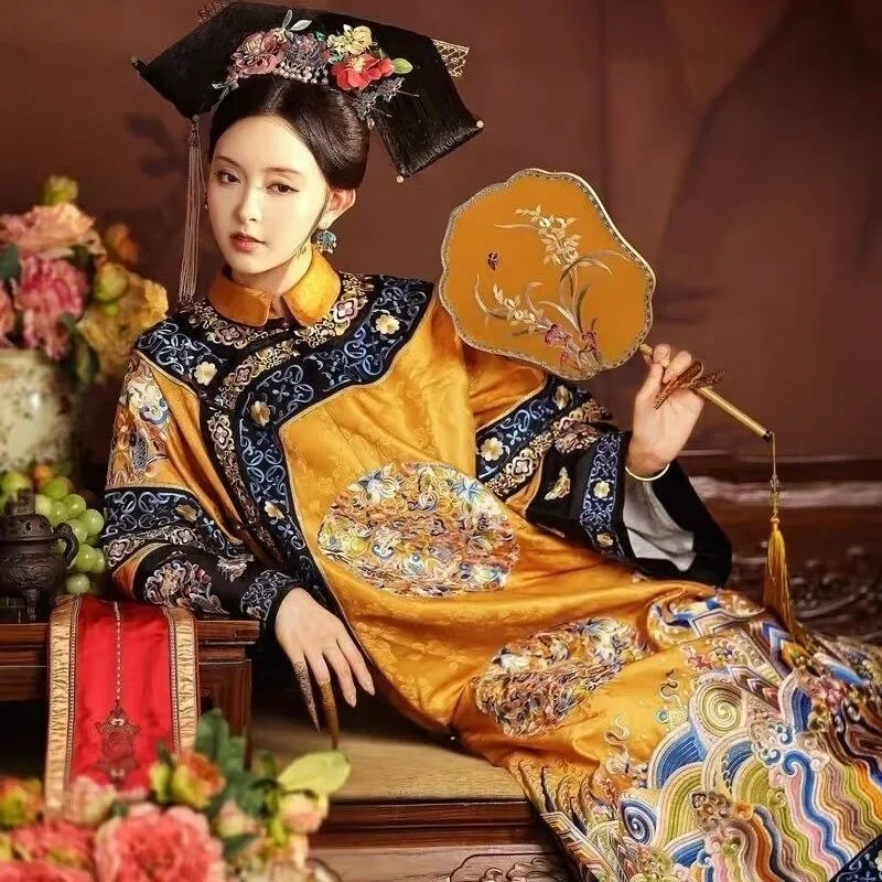 Chinese Women Qipao Dress Qing Dynasty Style Stand Up Collar Long Sleeved Printed Cheongsam Girl Traditional Costumes Dress