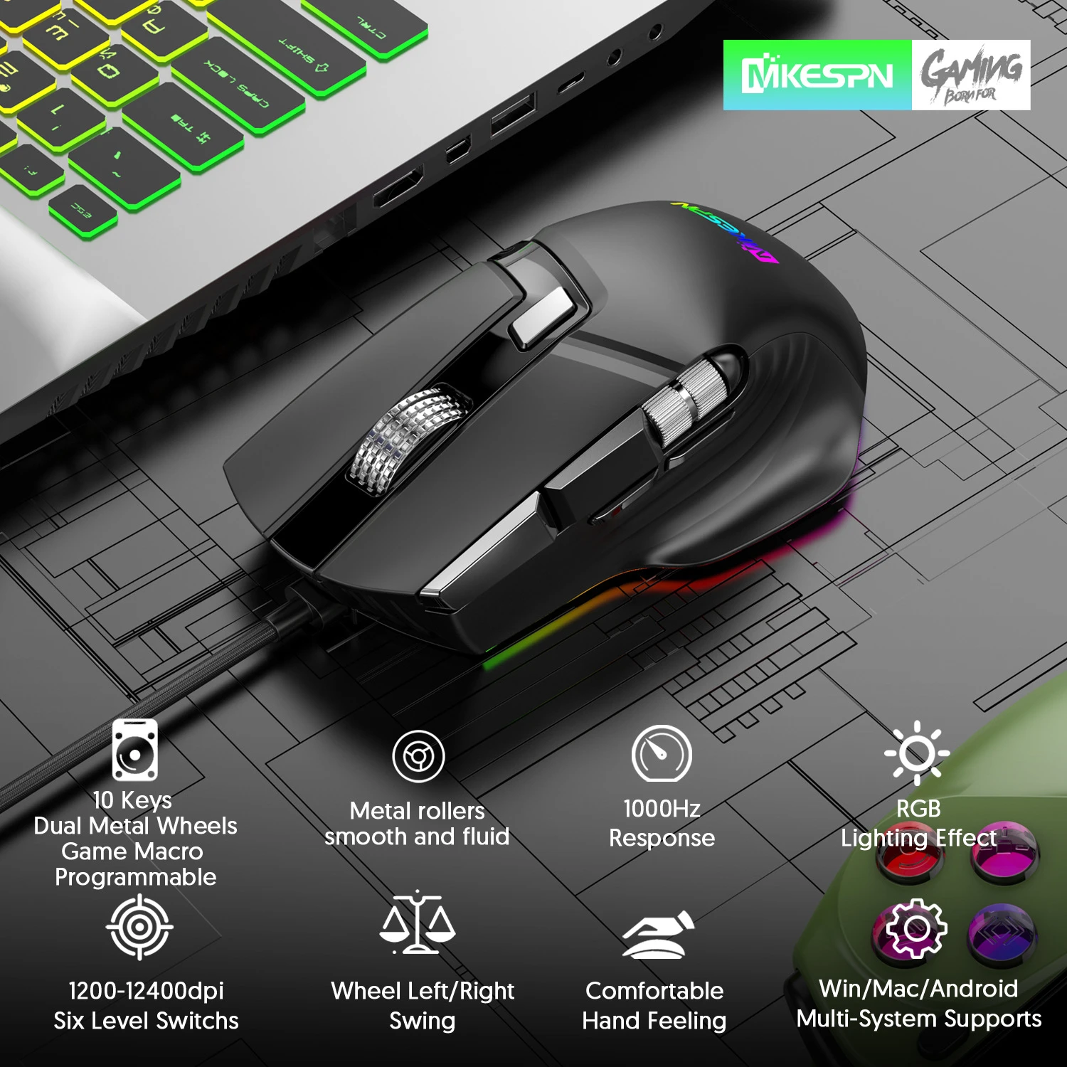 X13 USB Wired Gaming Mouse RGB Light 10 Keys Macro Programmable 12400DPI Dual Metal Roller Ergonomic Gaming Mice