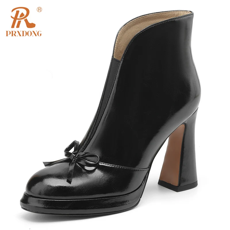 PRXDONG Genuine Leather Women's Shoes 2024 New Autumn Winter High Heels Platform Black Brown Dress Party Office Lady Ankle Boots