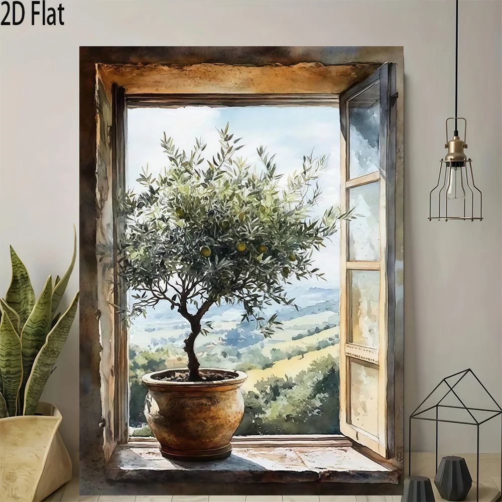 Vintage Metal Tin Sign, Open Stone Window Olive Tree Tuscan Countryside Watercolor Home Wall Decor Plaque