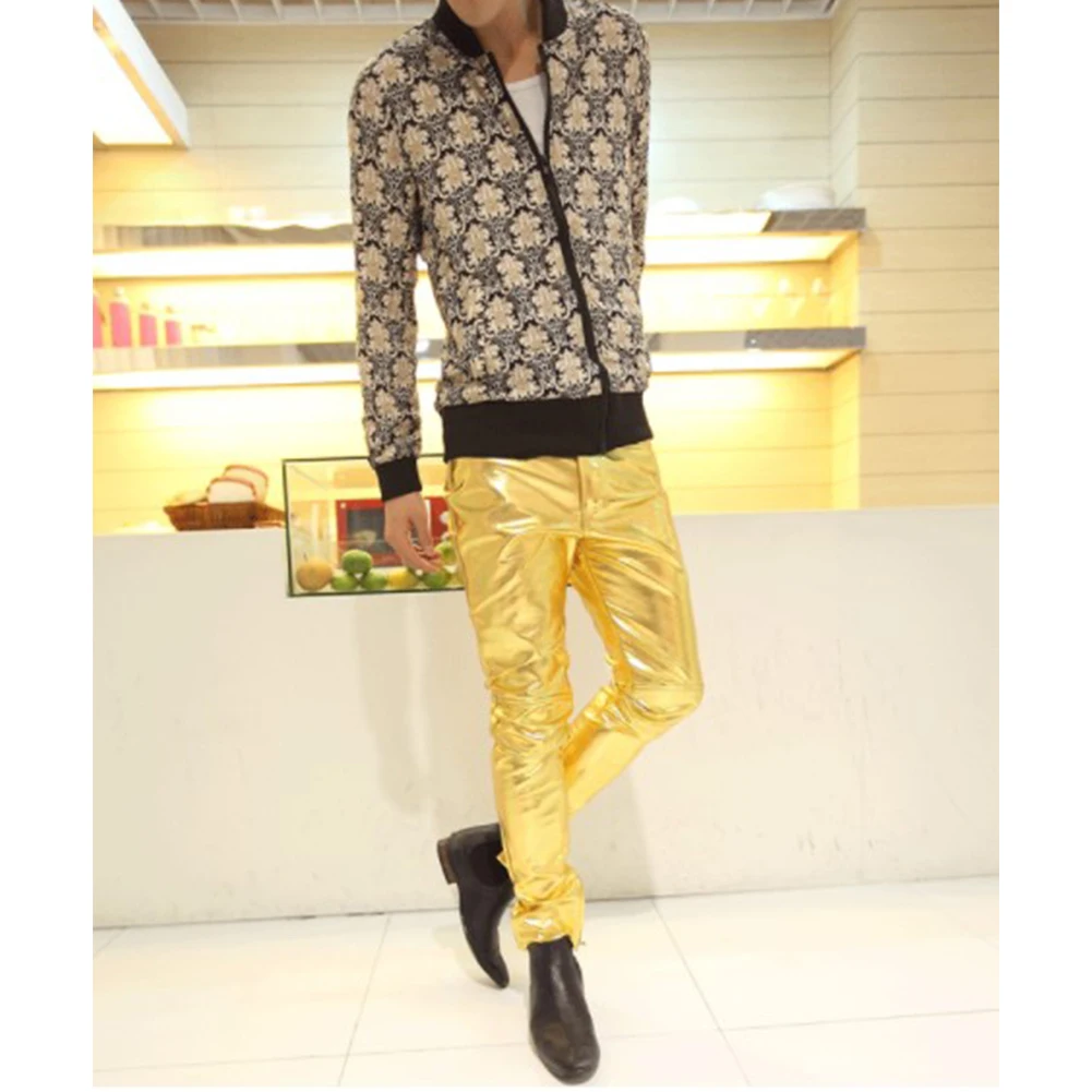 Pantalones delgados de cuero PU para hombre, pantalones brillantes dorados y plateados, trajes de escenario para club nocturno, cantantes y bailarinas