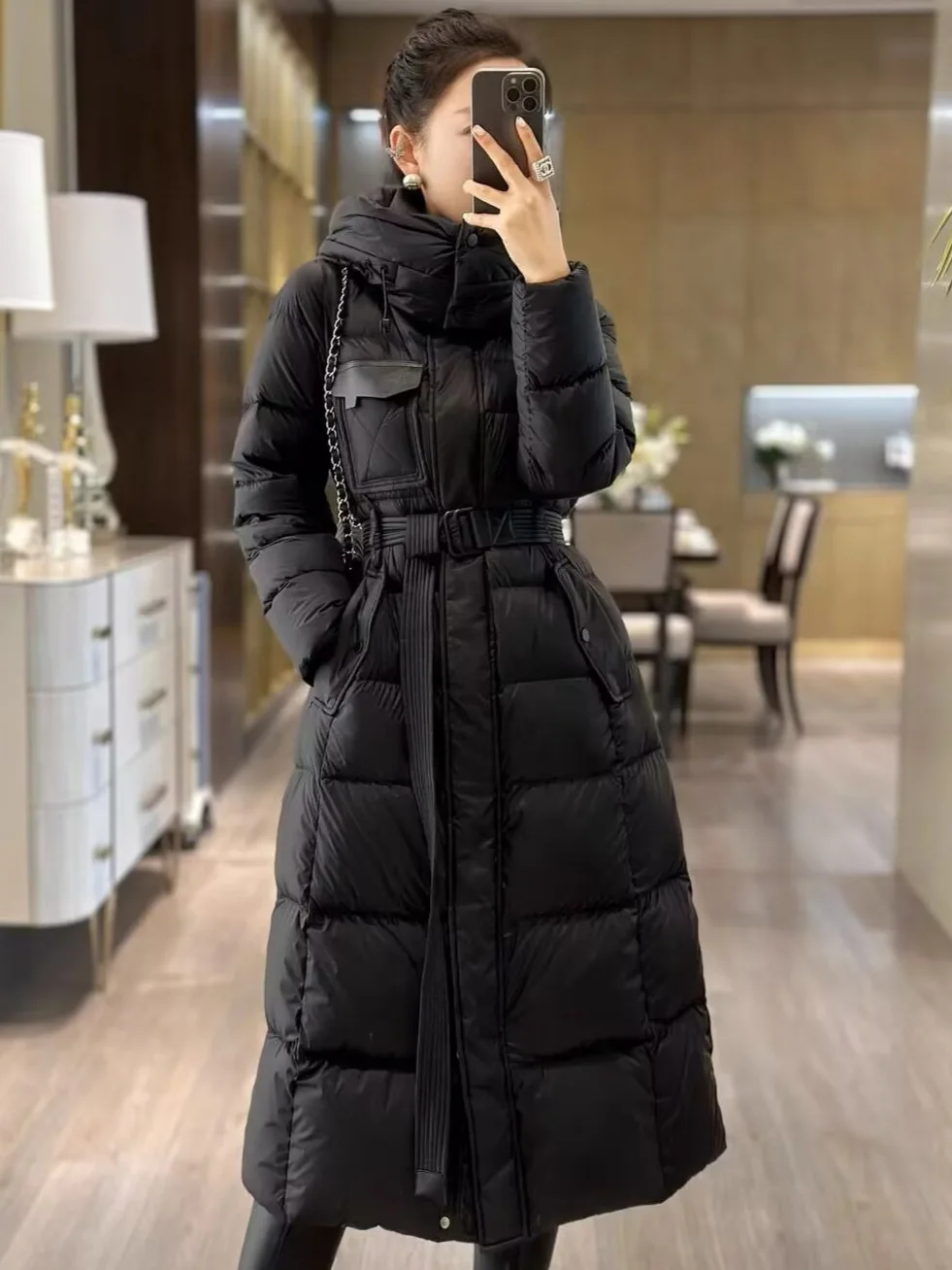 2025 여성용 다운 재킷 신상 가을 겨울 코트 후드 롱패딩 벨트 여성용 두꺼운 따뜻한 루즈핏 다운 파카 아우터