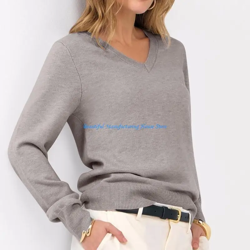 

E56A Women's Casual Loose Sweater With V Neck Long Sleeve Autumn Knitwear Jumper Top