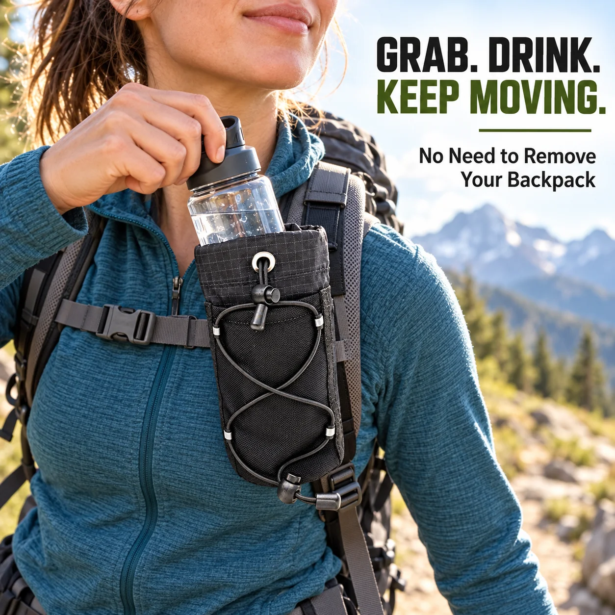 Backpack Water Bottle Holder for Hiking, Shoulder Strap Bottle Pouch with Drawstring, Hook and Loop Mount for Travel Camping
