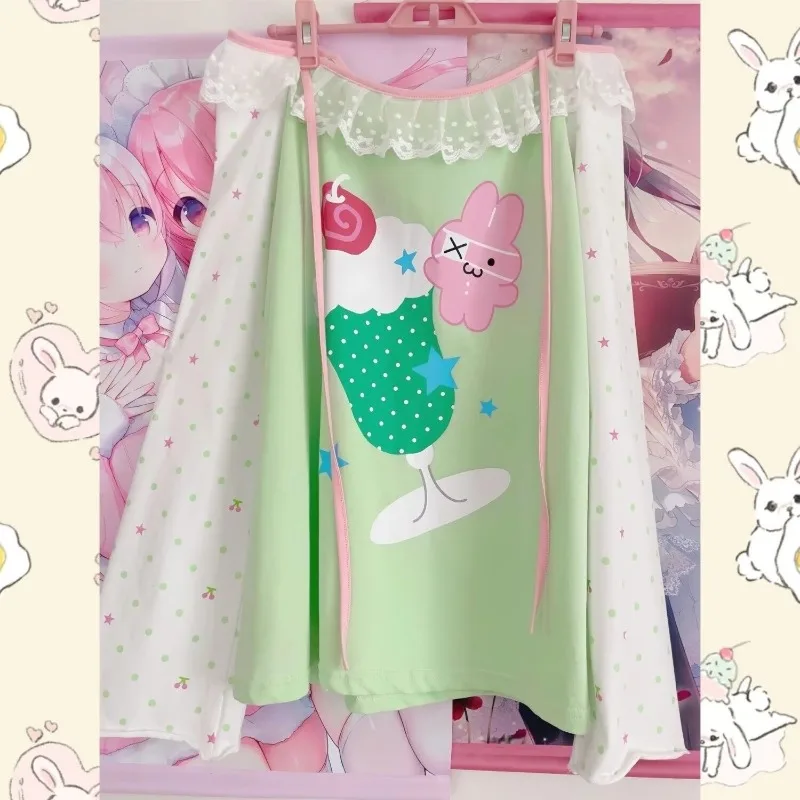Japanese Sweet Cute Subculture Anime Cute House Long Sleeved Tops with Tie Up Neck Straight Neck T-shirt Daughter's Clothes New