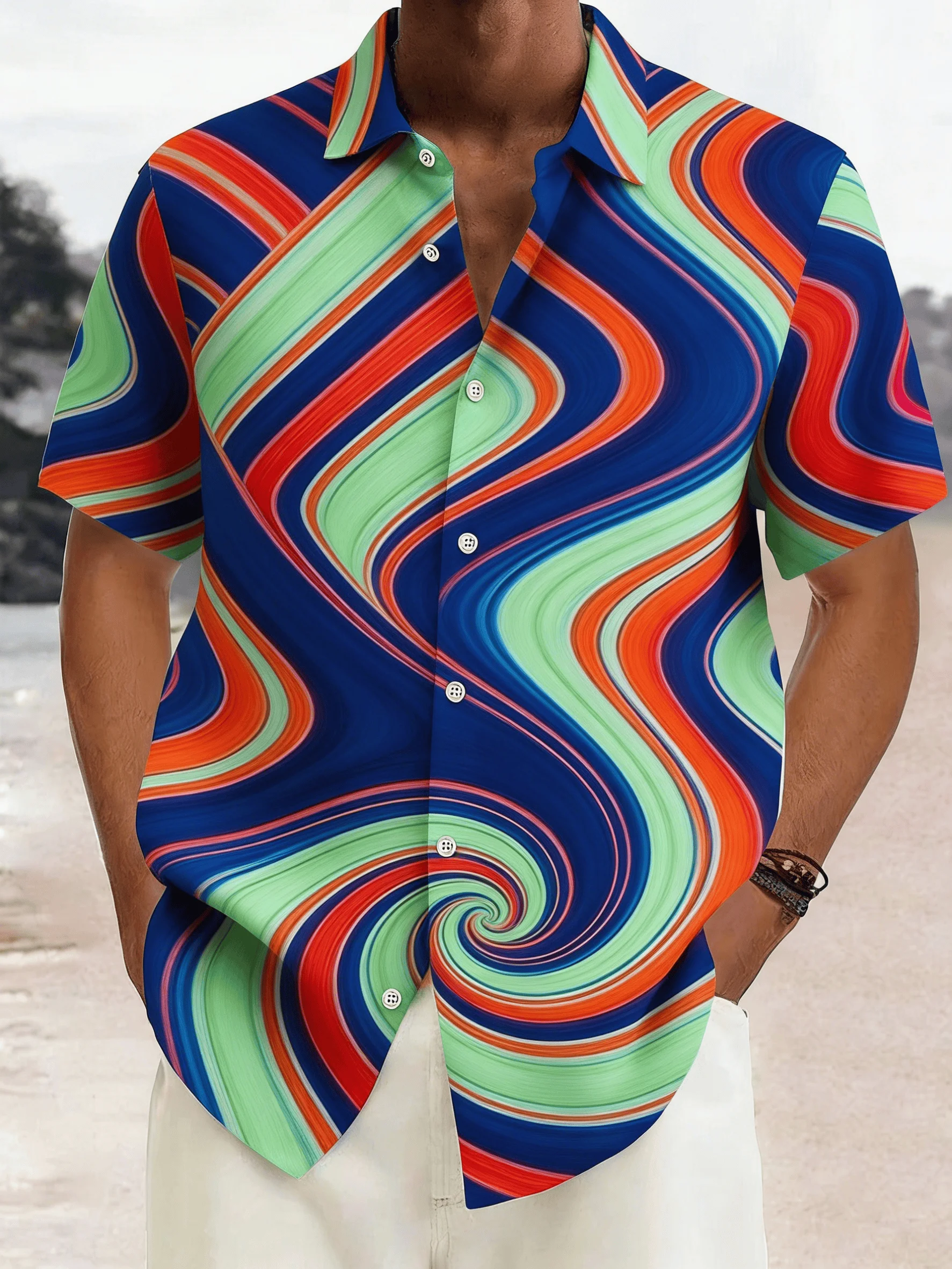 

Men's Rainbow Spiral Gradient Print Short Sleeve Shirt, Spring Summer Vibrant Trend Casual Top, Pocket Lapel Style