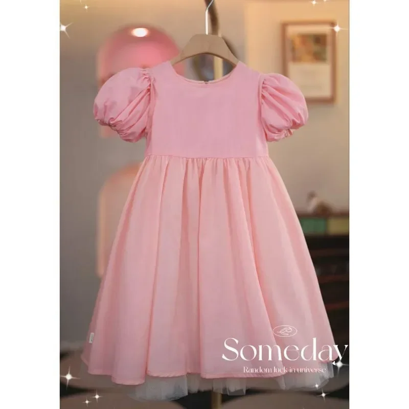 Kids Dress 2024 Spring and Summer Girls Party Dress Pink Princess Toddler Girl Dress 3-8 T New Short sleeves Cotto