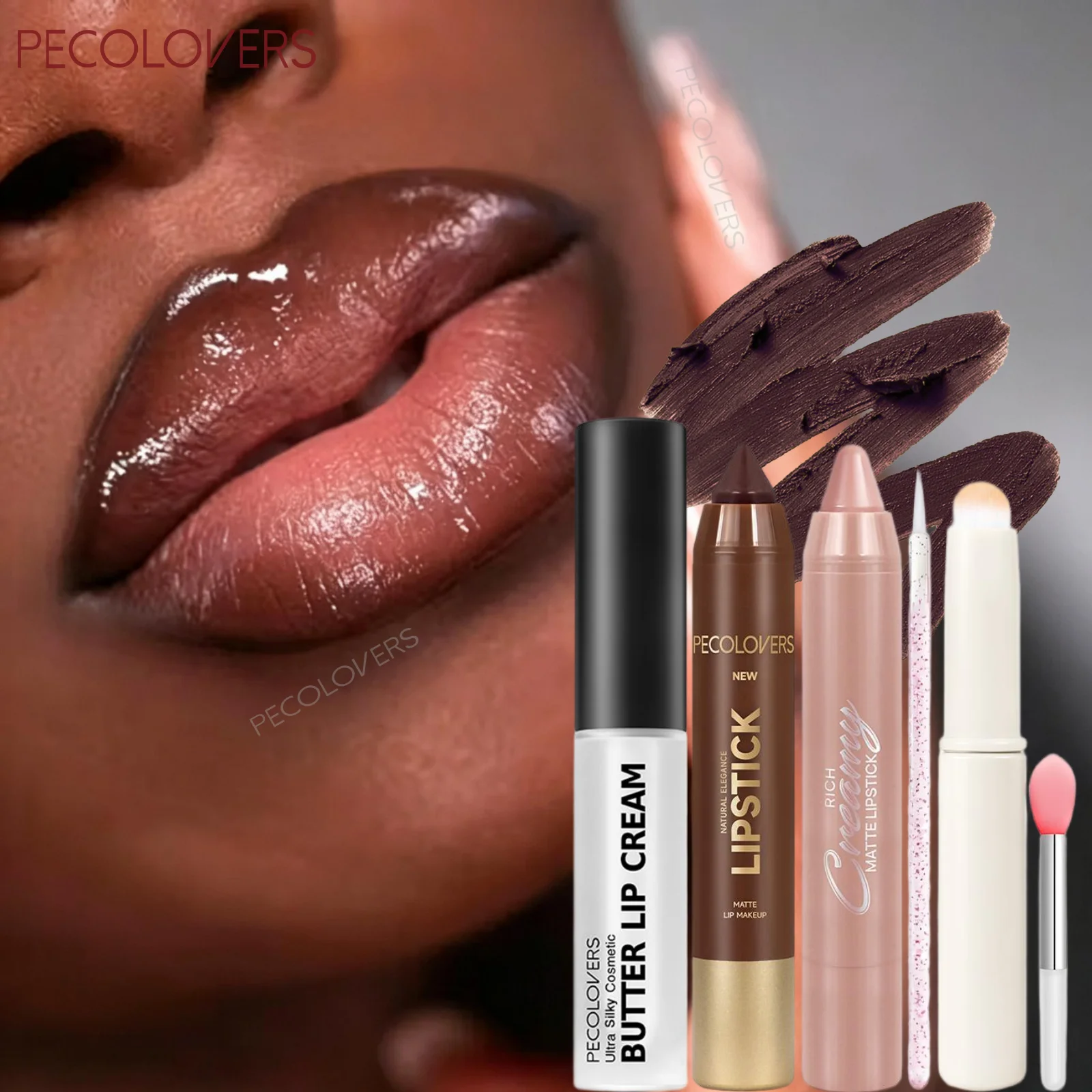 6PCS/Set Lipstick Pen + Lip Liner + Lip Gloss + Lip Brush Set, Moisturizing Formula, Create Three‑dimensional Lip Shape