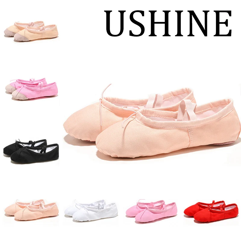 USHINE 黒赤ピンク白キャンバスフラットヨガ教師体操バレエダンスシューズ子供のバレエ女の子のための女性