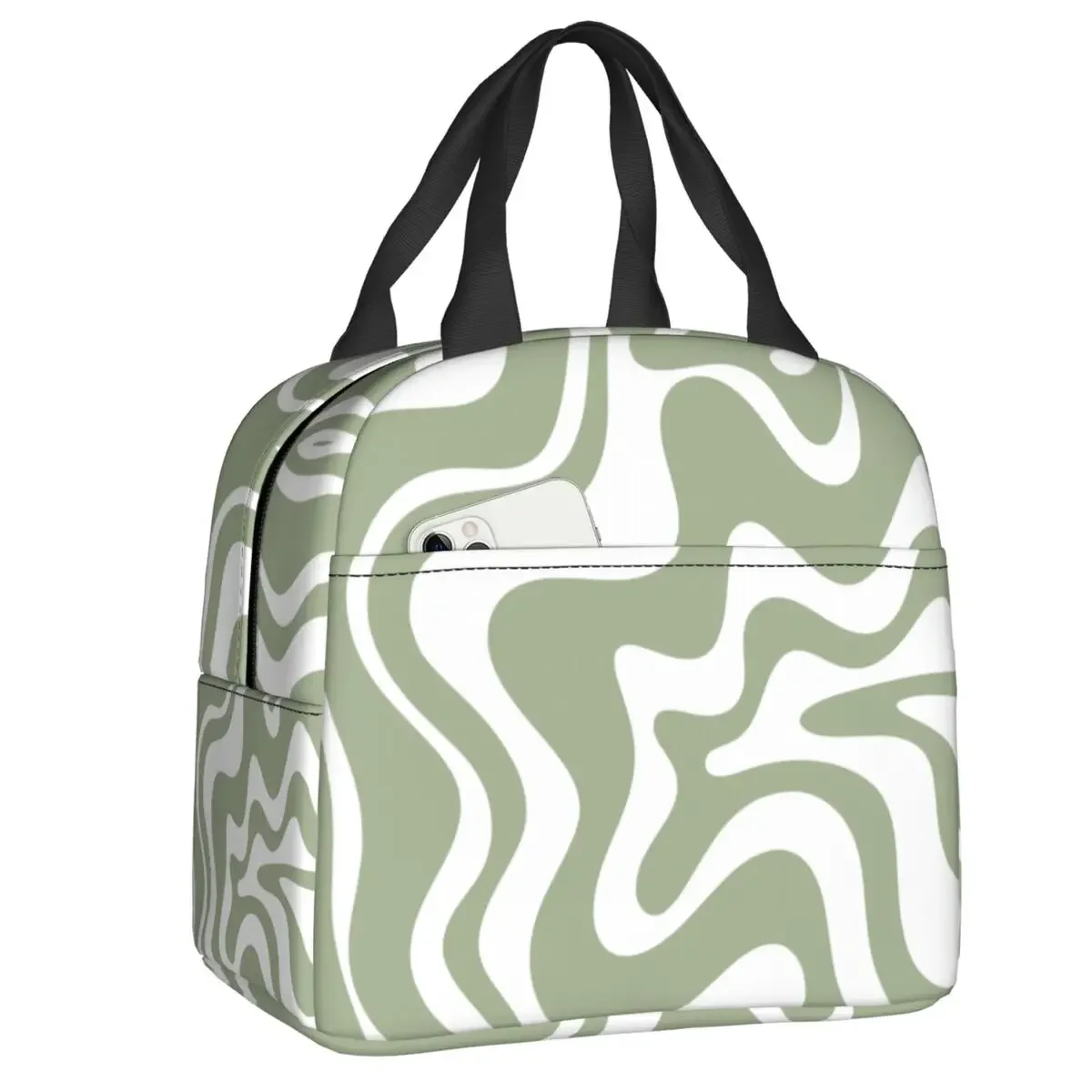 Liquid Swirl Abstract Pattern In Sage Green Insulated Lunch Bag Geometric Art Cooler Thermal Bento Box For Women Kids Food Bags