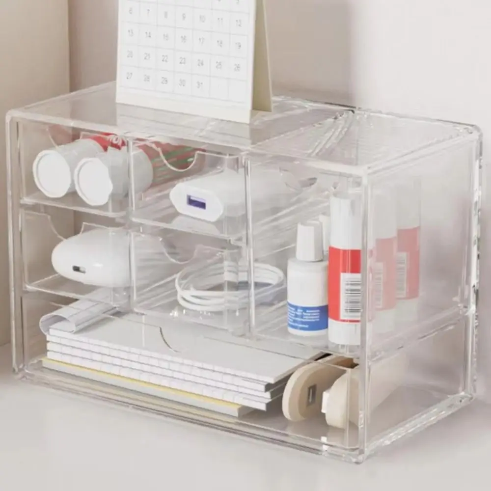 Clear Desk Stationery Storage Box Multi Grid 3 Tiers Makeup Storage Drawers Dustproof Large-capacity Acrylic Cosmetic Case