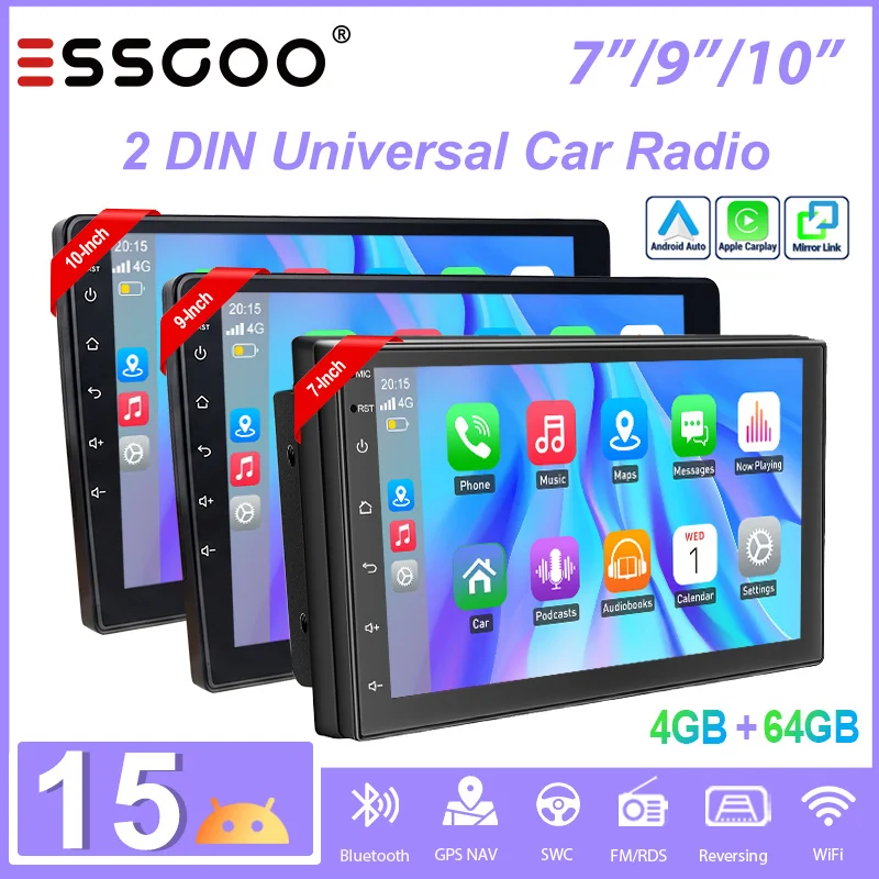 ESSGOO 7"/9"/10,1" Android 15 4GB+64GB universelles 2-DIN-Autoradio, kabelloses CarPlay & Android Auto, GPS Navigation, RDS FM, WLAN, Bluetooth, Mirror Link, Lenkradsteuerung, Touchscreen
