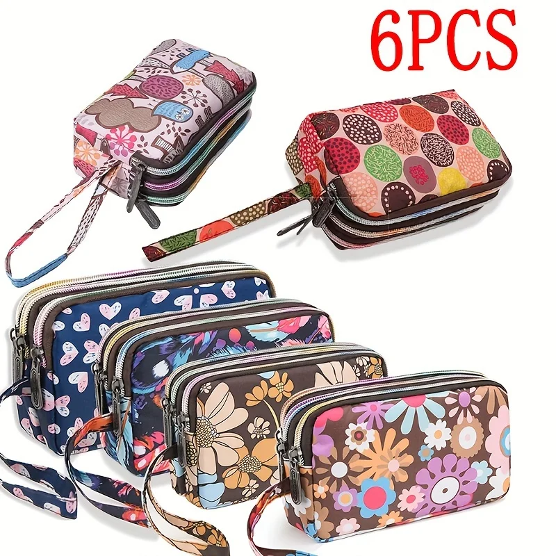 6PCS Fashion Waterproof Fabric Nylon Triple Zipper Cell Phone Bag Ladies Hand Carry Coin Purse Key Bag Tote Coin Bag