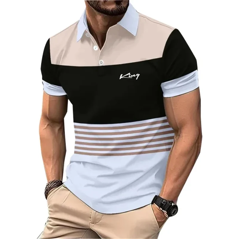 

New Striped Golf Business Casual Men's Polo Shirt Short Sleeve Street Summer Turn-down Collar Buttoned Pullover Men Clothing Top