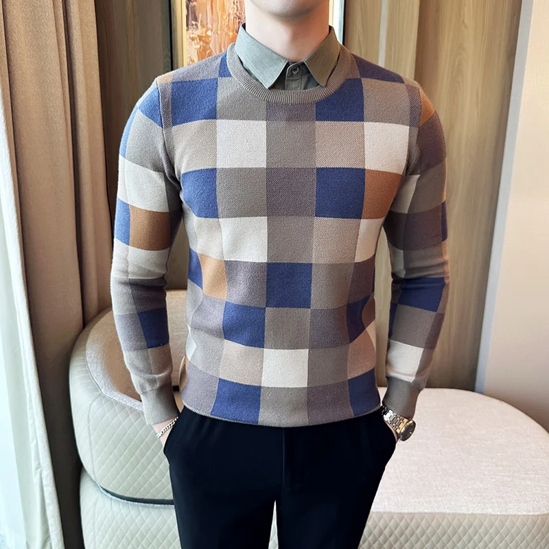 Fake 2 Pieces Men Keep Warm in Autumn Winter Shirt Collar Knitted Sweater/Male Slim Fit Plaid Long-sleeved Pullover Man Sweaters