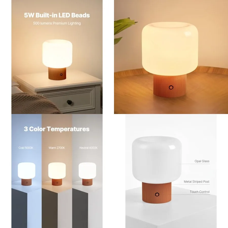 

Halo Mushroom Lamp, 5W Cute Cordless Rechargeable Table Lamp with Glass Shade, 3-Color Dimmable Small Retro Touch Bedside Lamp