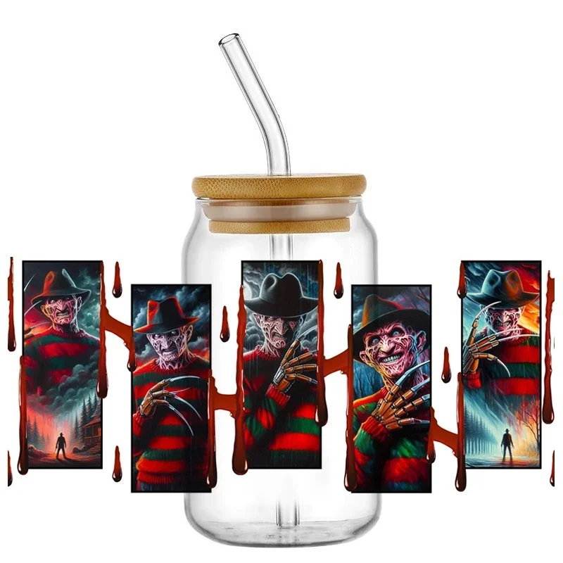 Halloween Horror Movie Character UV DTF Cup Wrap, Blood Drip Rose Pumpkin Waterproof Transfer Decals for 16oz Libbey Glass Can