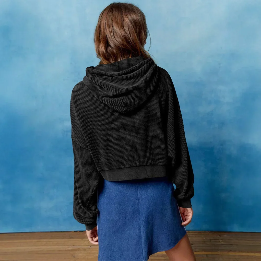 새로운 2025 봄 가을 여성 후드 지퍼 솔리드 컬러 카디건 여성 와플 짧은 재킷 레이디스 캐주얼 스웨트 재킷