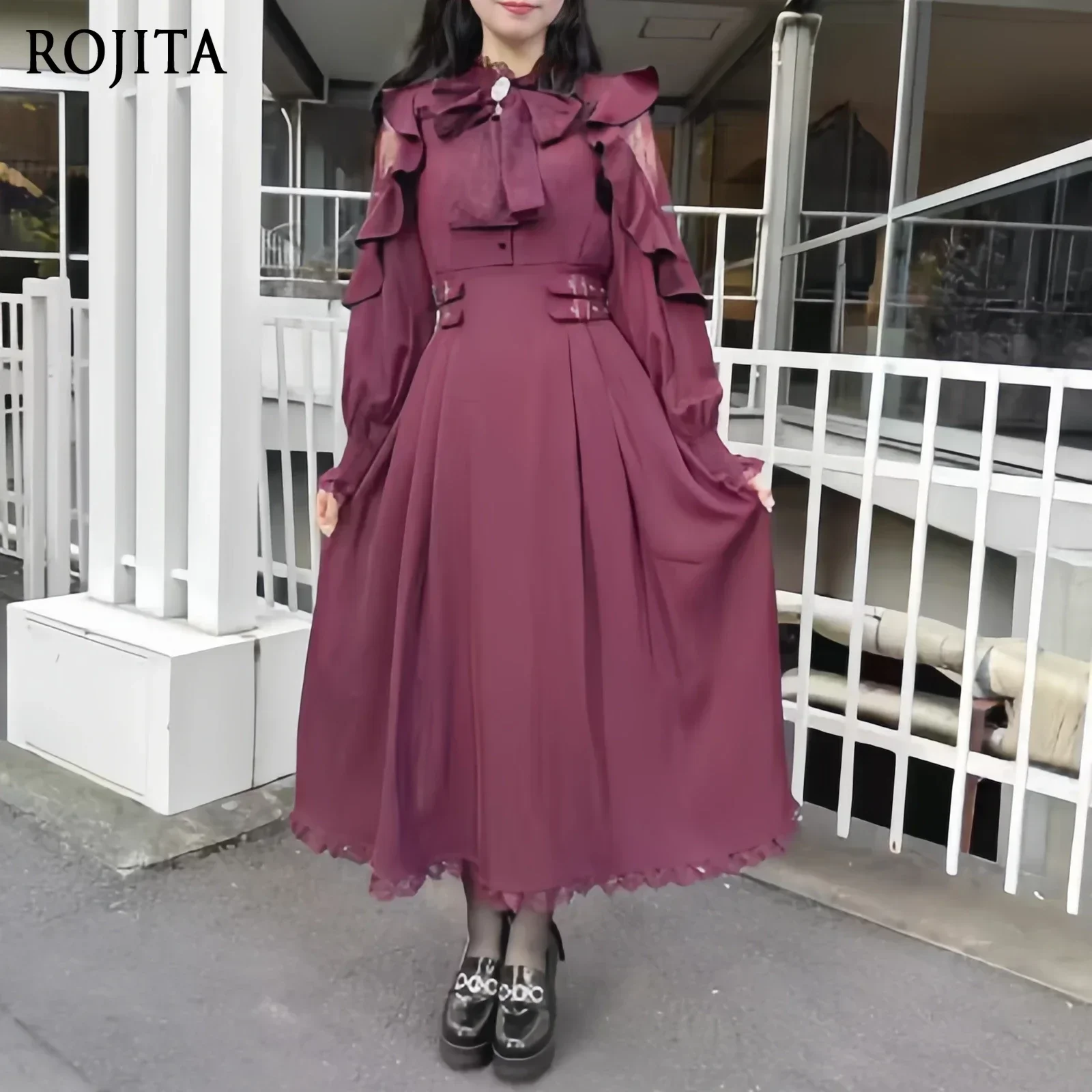 

Off-the-shoulder High Waist Long-sleeved Stand-up Collar Black Dress Lace Patchwork Ruffle Sleeves Lolita Japanese Summer Dress
