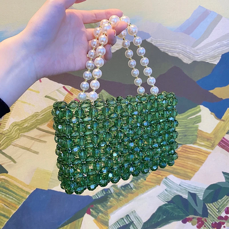 Borsa a mano verde con perline Borsa a spalla con catena di perle Borsa a tracolla casual di lusso fatta a mano con manico superiore Borse con perle