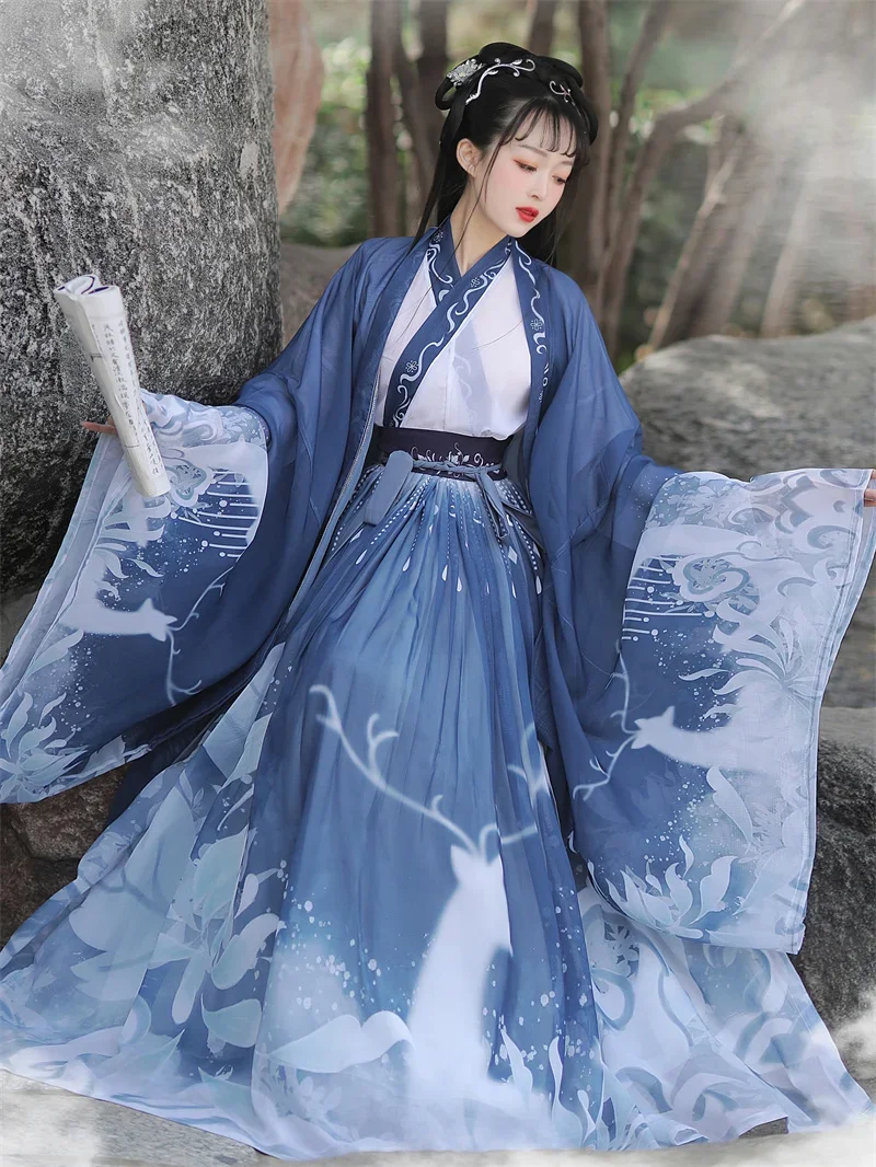 Original Hanfu 3 ชิ้นจีนโบราณเครื่องแต่งกายเสื้อผ้าผู้หญิงแบบดั้งเดิม Hanfu เครื่องแต่งกายเต้นรําพื้นบ้านชุดนางฟ้าสําหรับการสําเร็จการศึกษา
