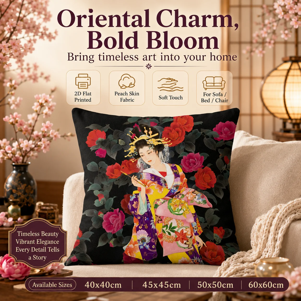 Japanese Geisha Kimono Girl 2D Flat Printed Peach Skin Pillowcase Vintage Asian Art Cushion Cover for Living Room Sofa Decor