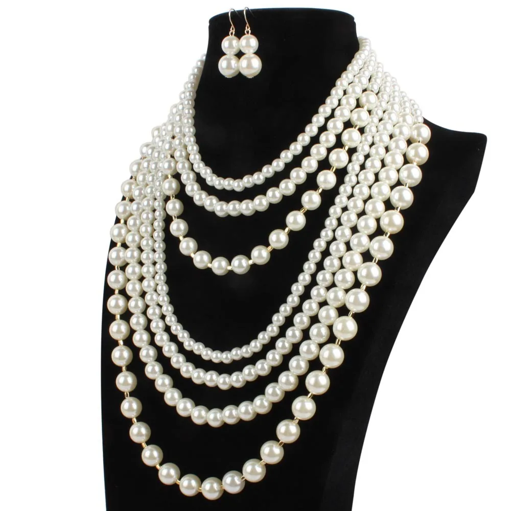 one set 7rows white ACRYLIC pearl round BEAD necklace earrings