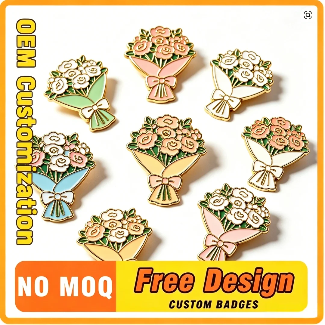 Custom Flower Bouquet Enamel Lapel Pins, Rose Floral Brooch, No MOQ Romantic Badge for Backpacks & Clothing