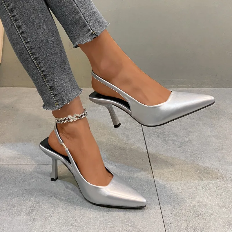 2024 Summer New Fashionable Pointed Solid Color Back Strap with Thin Heels for Outwear Women\'s Large Heels Single Shoes