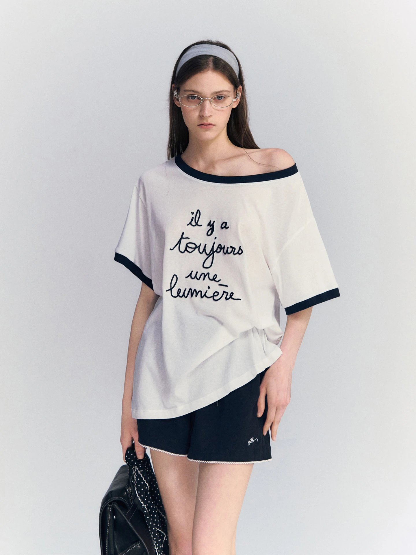 AsGony Casual Style Short Sleeve T-Shirt Embroidered Letter Color Block Ribbed  Breathable Comfortable Cotton Blend Top