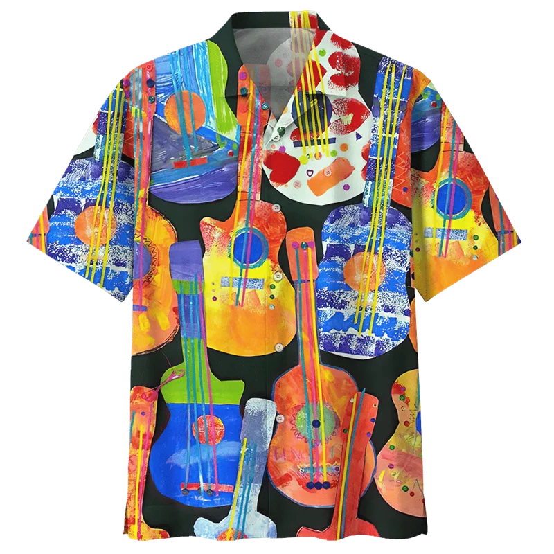 Fashion Colorful Guitar 3d Printed Hawaiian Shirt Men Musical Instrument Pattern Short Sleeves Shirt Oversized Lapel Blouse