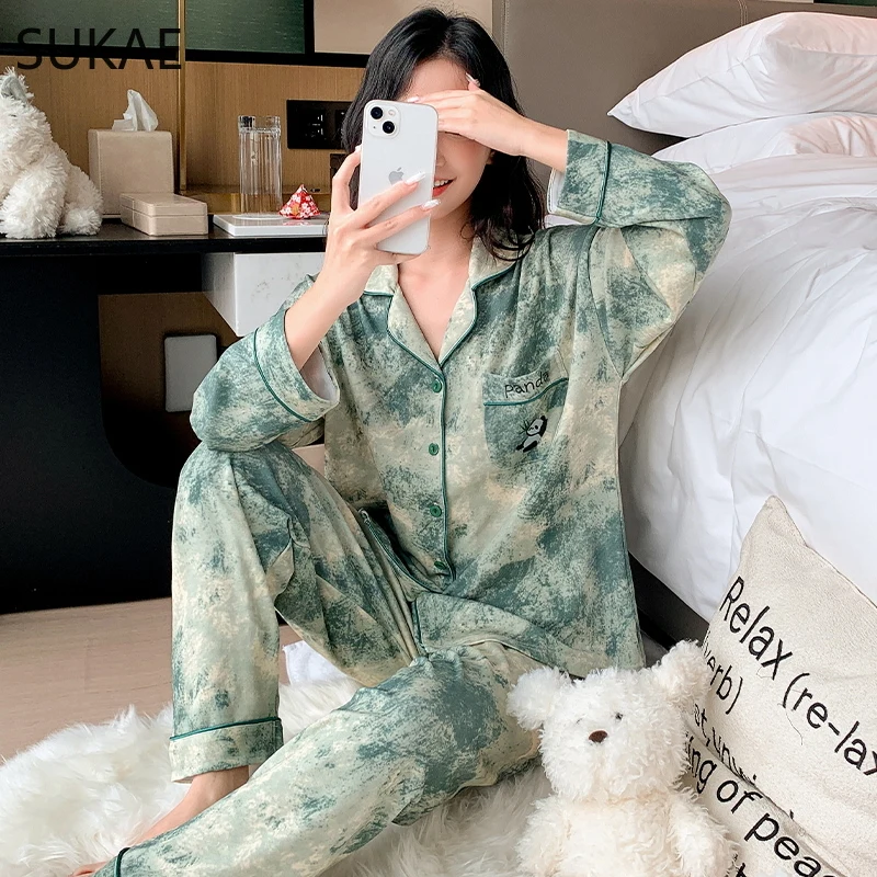 SUKAE M-5XL Autumn Winter Lady Home Clothes Faux Cotton Nightwear Lapel Pjs Fashion Turn-down Collar Sleepwear Woman Pajamas Set