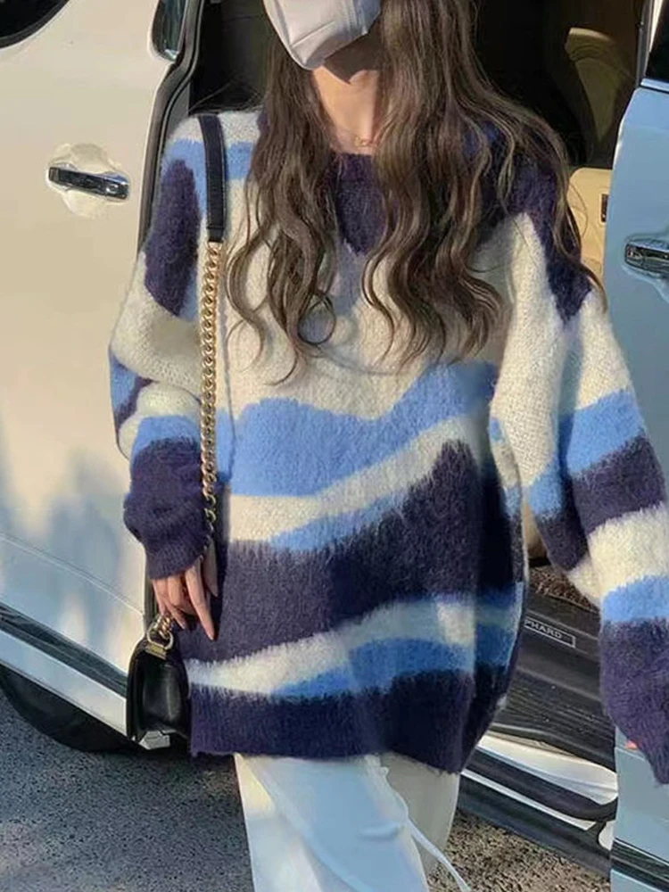 ITOOLIN Suéter de punto a rayas con cuello redondo de fibra de poliéster y cuello alto holgado Retro de otoño para mujer