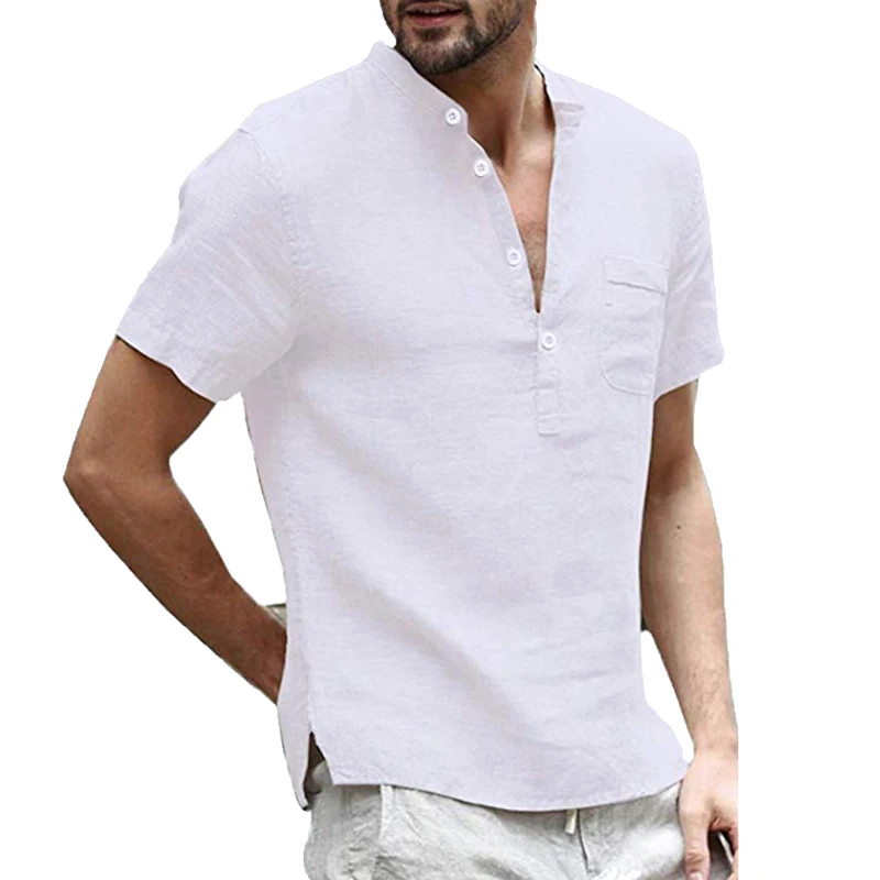 Summer Fashion Cotton Linen Casual T-Shirts Casual Male Short Sleeve V-Collar Breathable Men\'s Tee Button-up T S-5XL