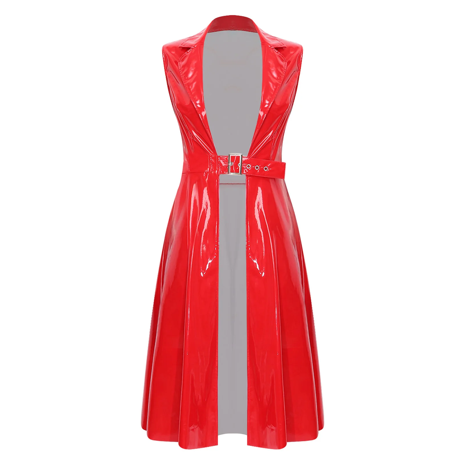 Womens Glossy PU Leather Punk Long Trench Coat Sleeveless Lapel Open Front Buckle Waist Jacket for Club Punk Rave Glow Party