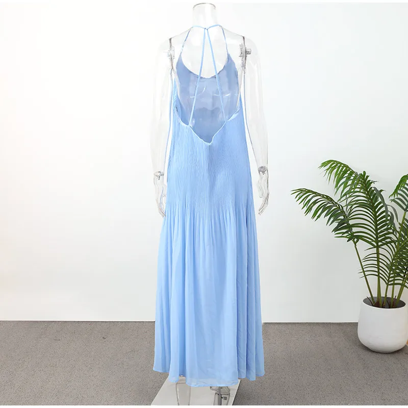 Light Blue Pleated Sling Long Dresses Women Sexy Backless Sleeveless A Line Robes Elegant Female Evening Party Club Gowns S79a3a82960764d0483b8ba5a4536d45bF