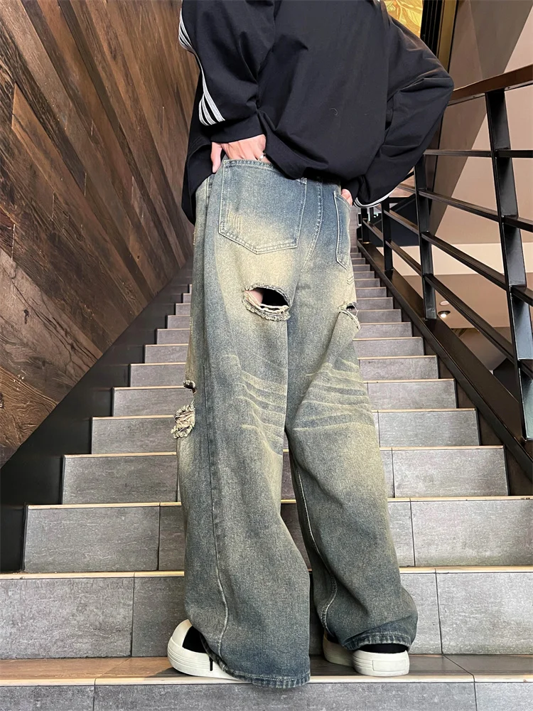 

Рваные джинсы мужские в американском ретро-стиле, повседневные, свободные, прямого кроя, длинные брюки, летние, модные, уличные, молодежные, стильные