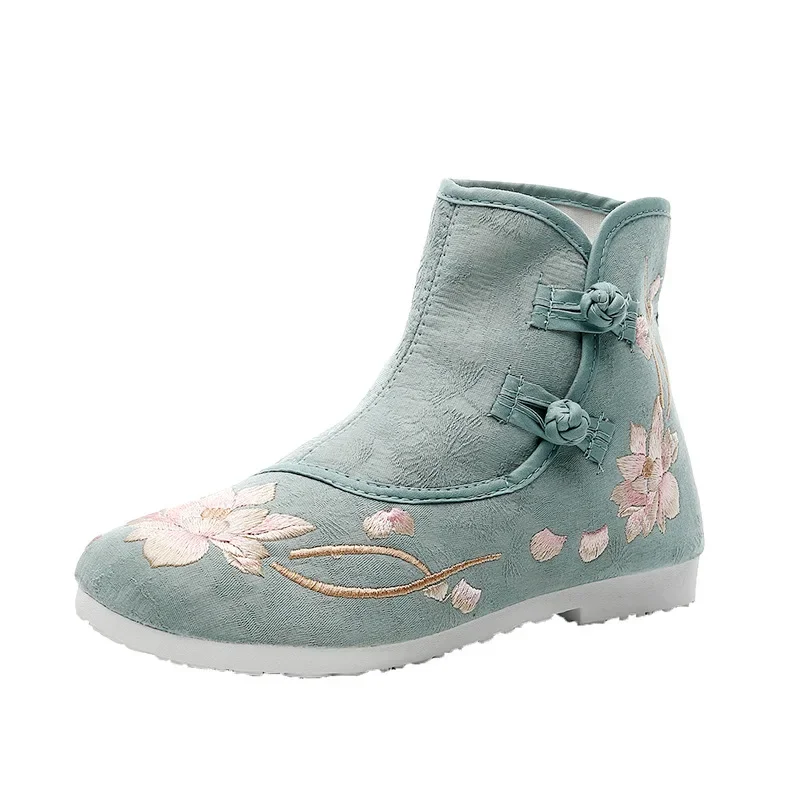 

Women's Autumn Winter Hanfu Hidden Heels Short Boots Chinese Ancient Style Embroidered Flats Shoes Girl Gift